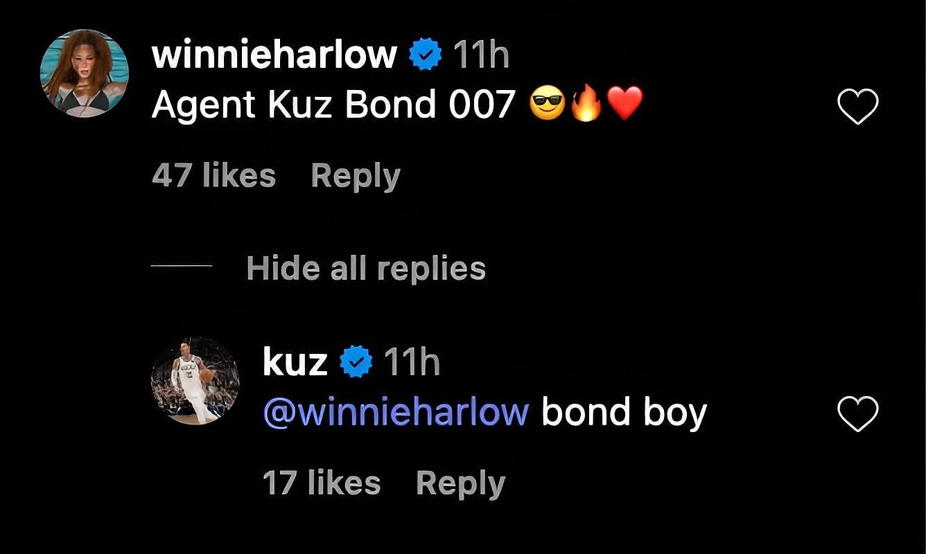 Kuzma's reply to Winnie Harlow's comment.